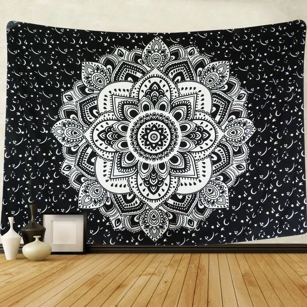 Mandala Tapestry Wall Hanging Black & Gray Wall Art Floral Decorative 51x59 Inch
